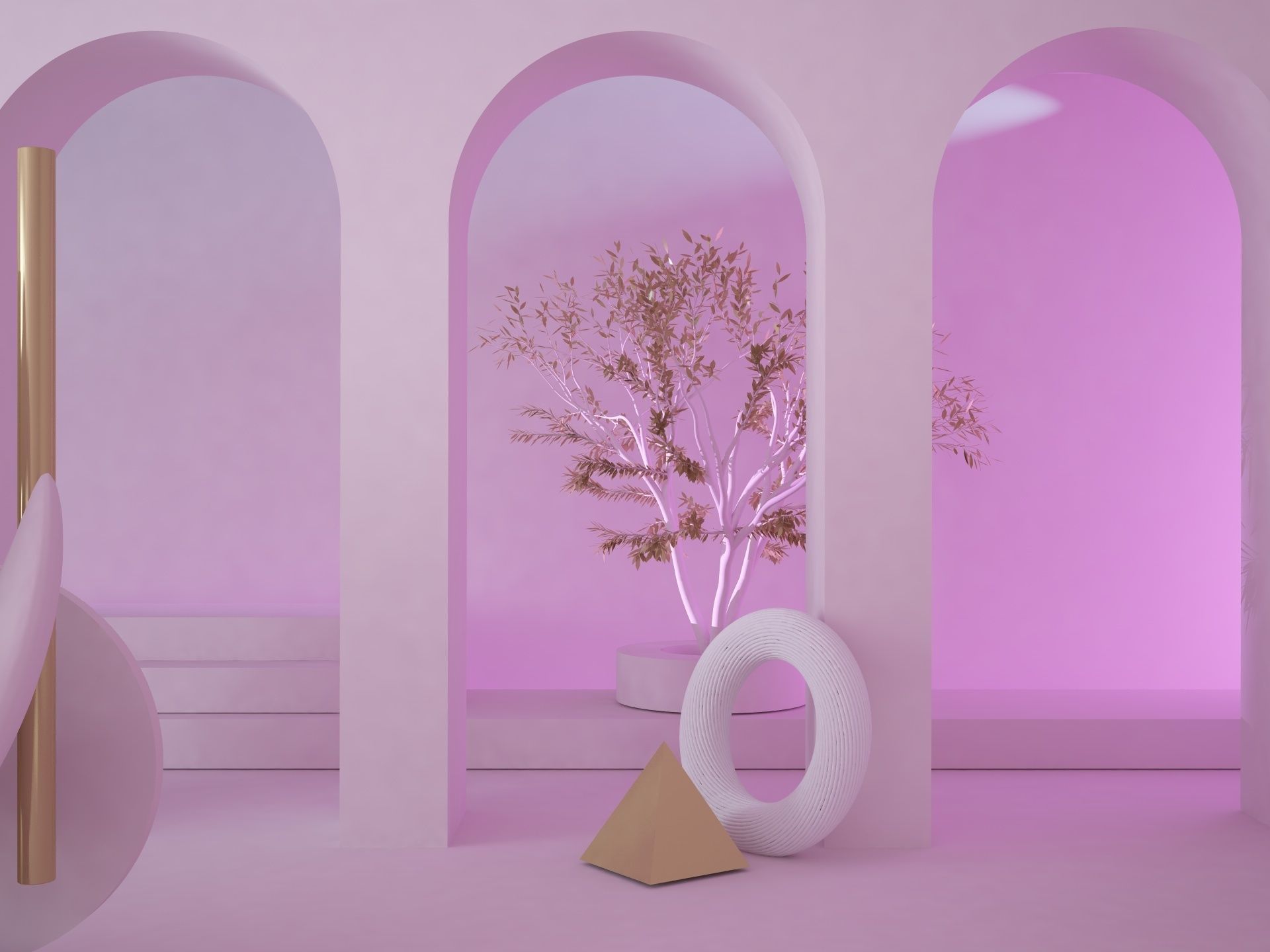 Abstract scene with arch wall ended with inside garden trees 3D model_6