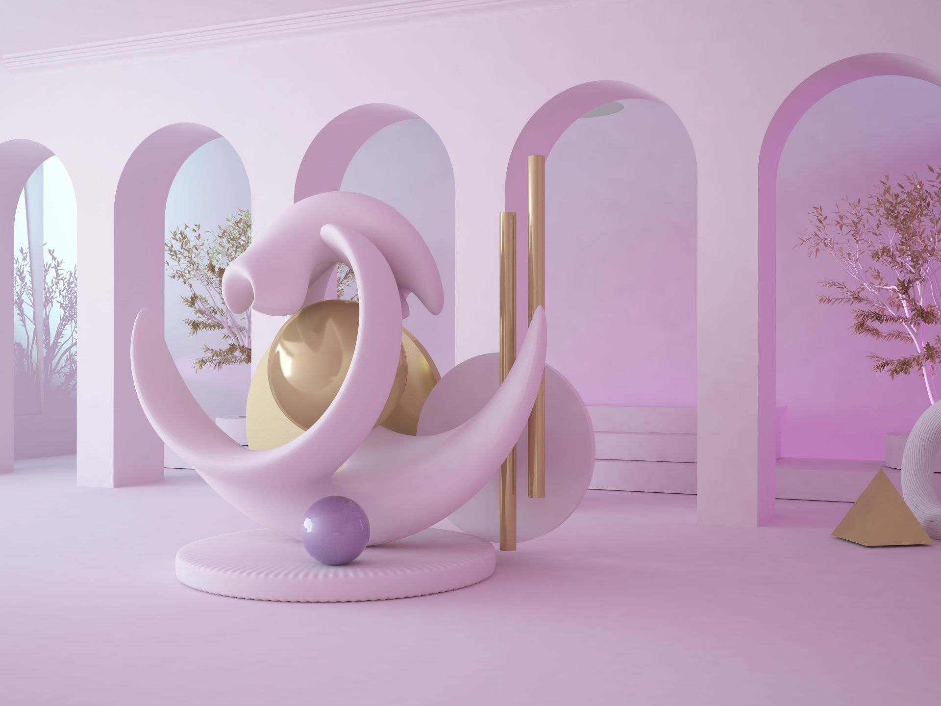 Abstract scene with arch wall ended with inside garden trees 3D model_1