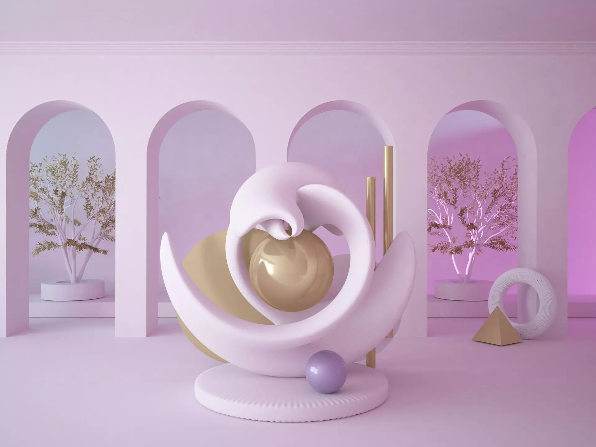 Abstract scene with arch wall ended with inside garden trees 3D model_0