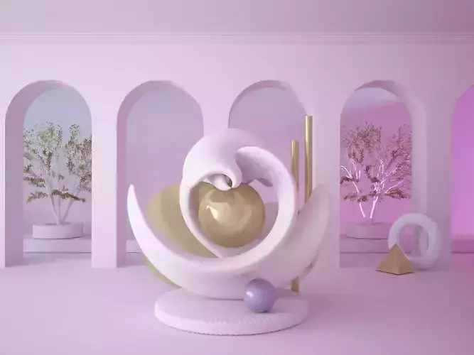 Abstract scene with arch wall ended with inside garden trees 3D model