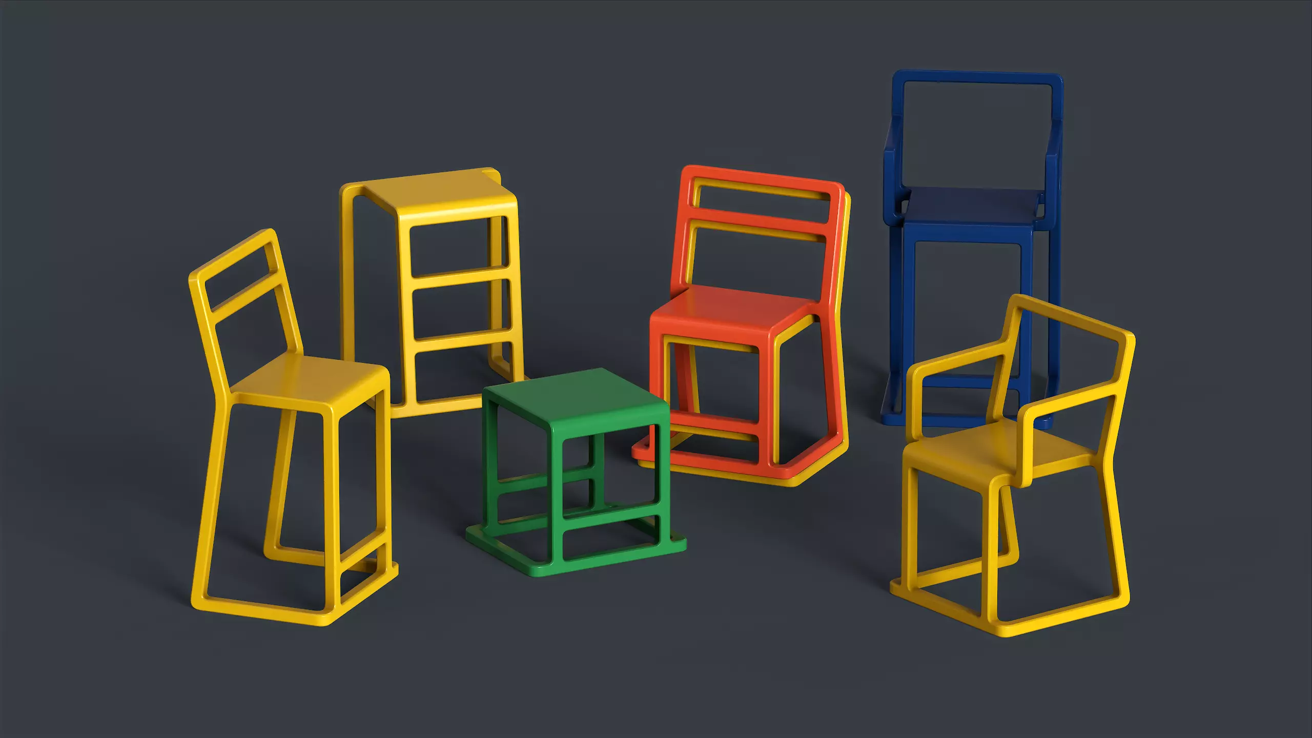 Modern Indoor Metal Chair Set PBR Game Ready Low-poly 3D model_0