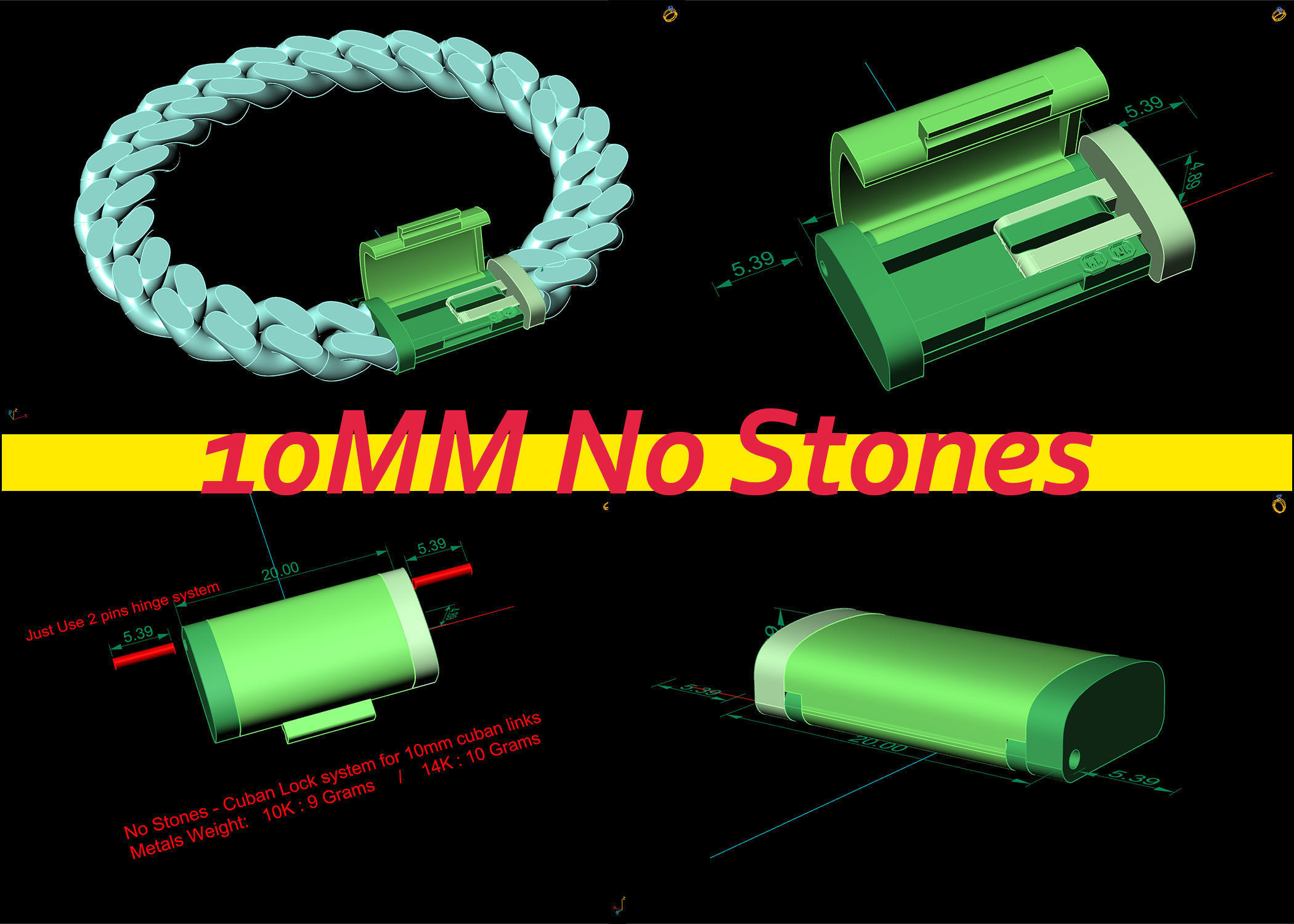 10 mm Cuban chain lock system with 3 models alternatives 3D print model_1