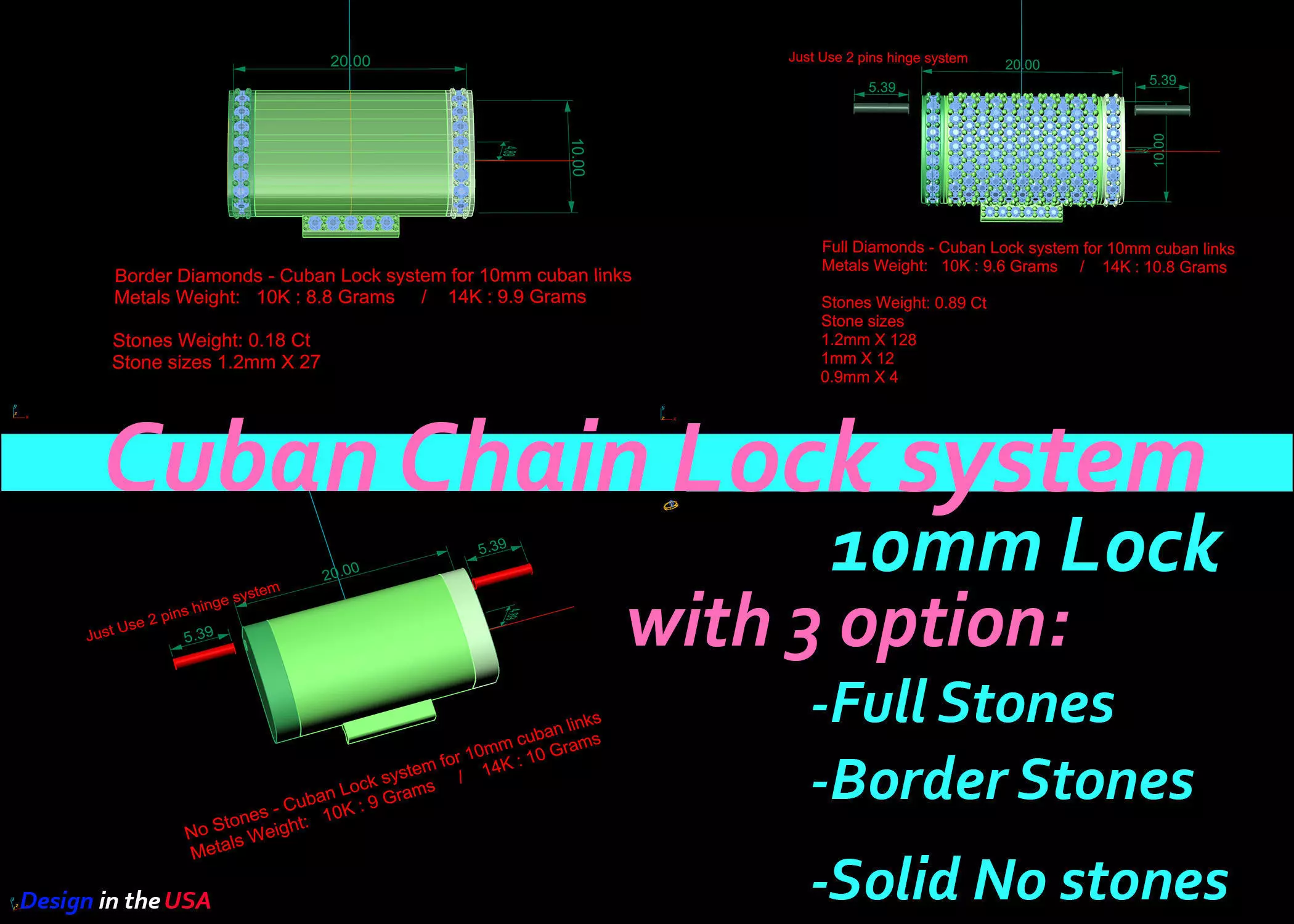 10 mm Cuban chain lock system with 3 models alternatives 3D print model_0