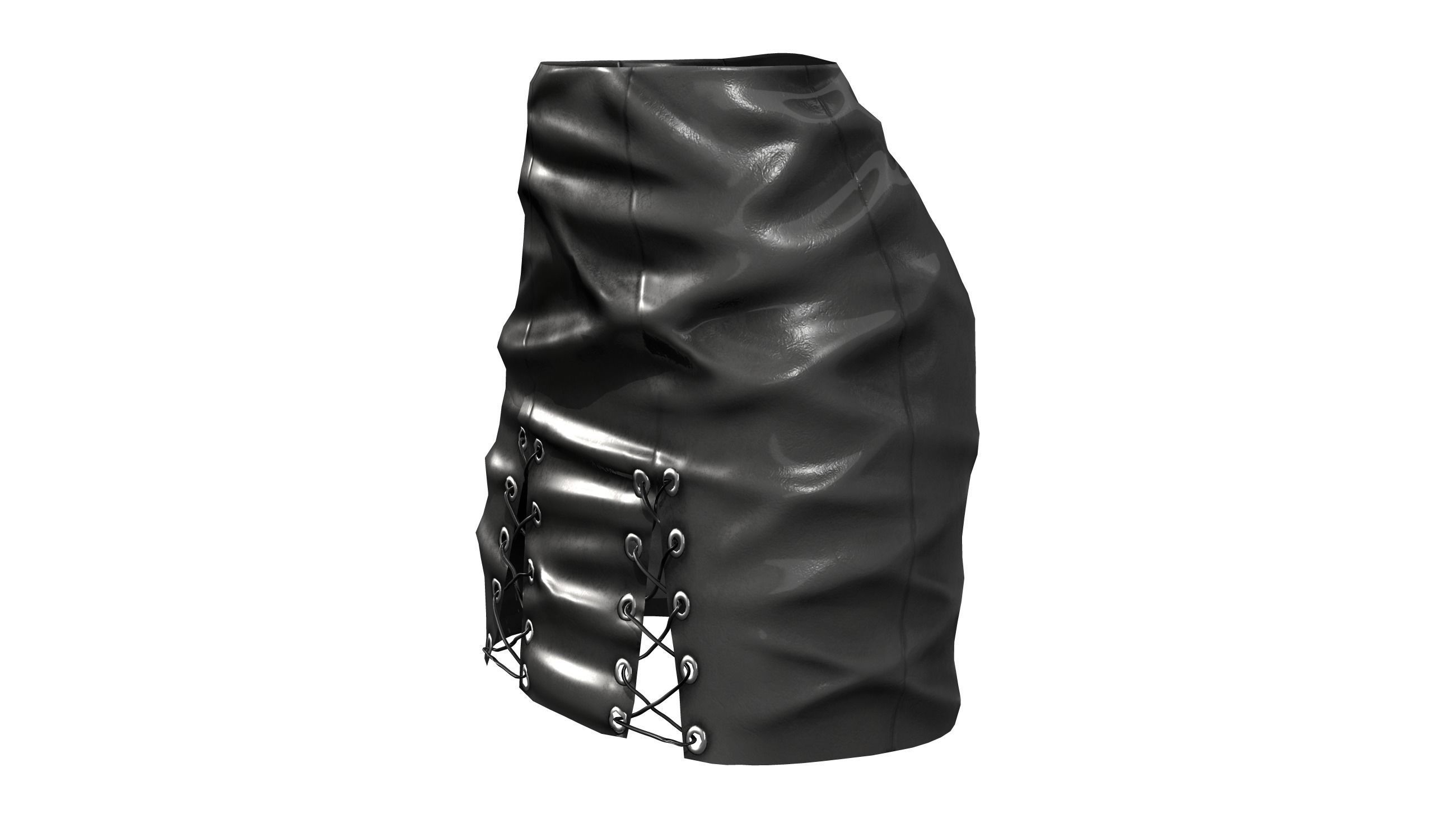 Black Cross Lace Up Bodycon High Waist Mini Leather Skirt Low-poly 3D model_2
