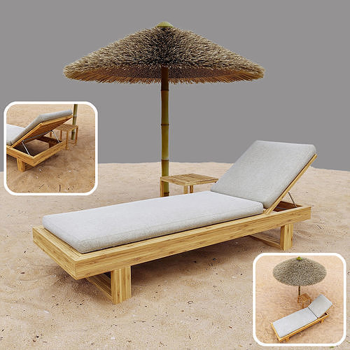 Beach set wooden lounger with umbrella in sand 3D model