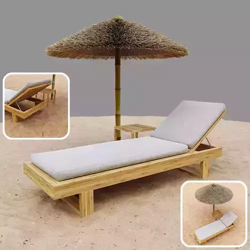 Beach set wooden lounger with umbrella in sand