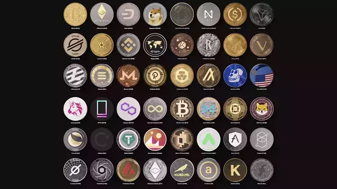48 Cryptocurrency Coins Low-poly 3D model