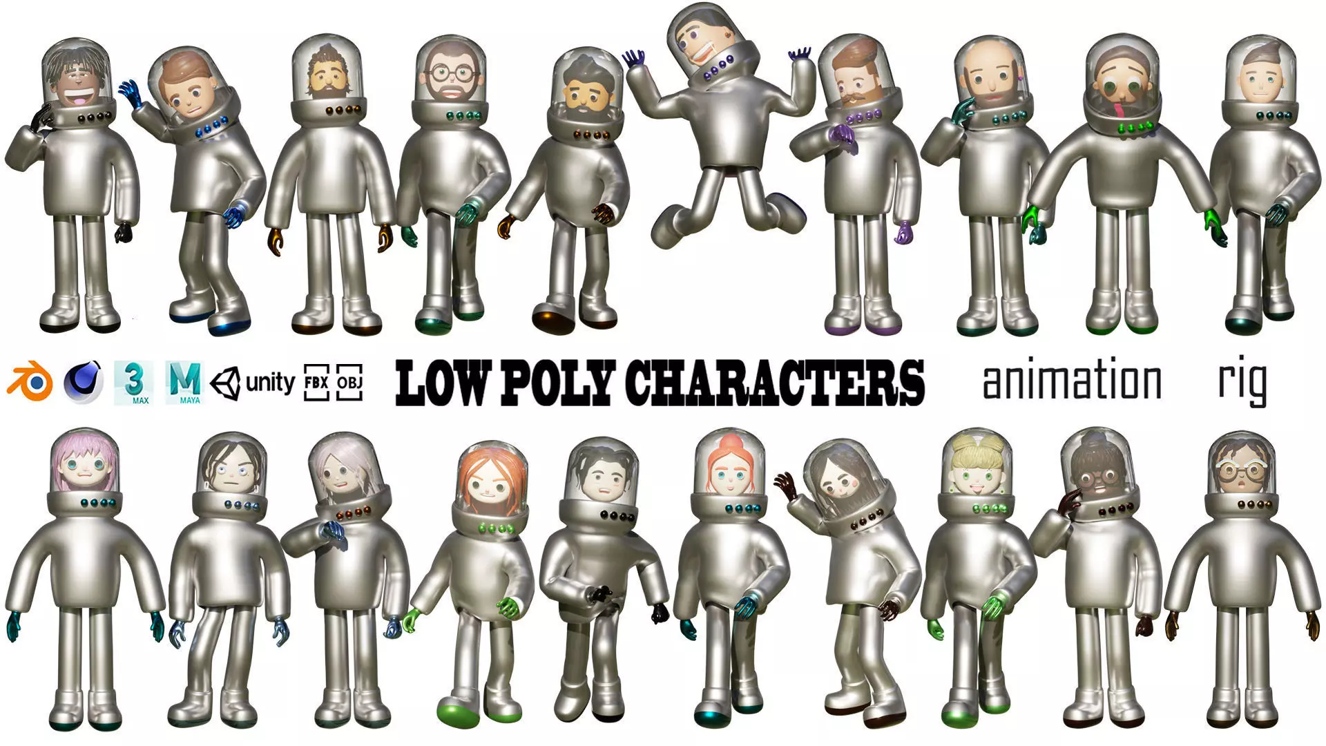 Cartoon astronauts characters 1 pack Low-poly 3D model