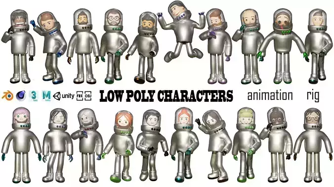 Cartoon astronauts characters 1 pack Low-poly 3D model