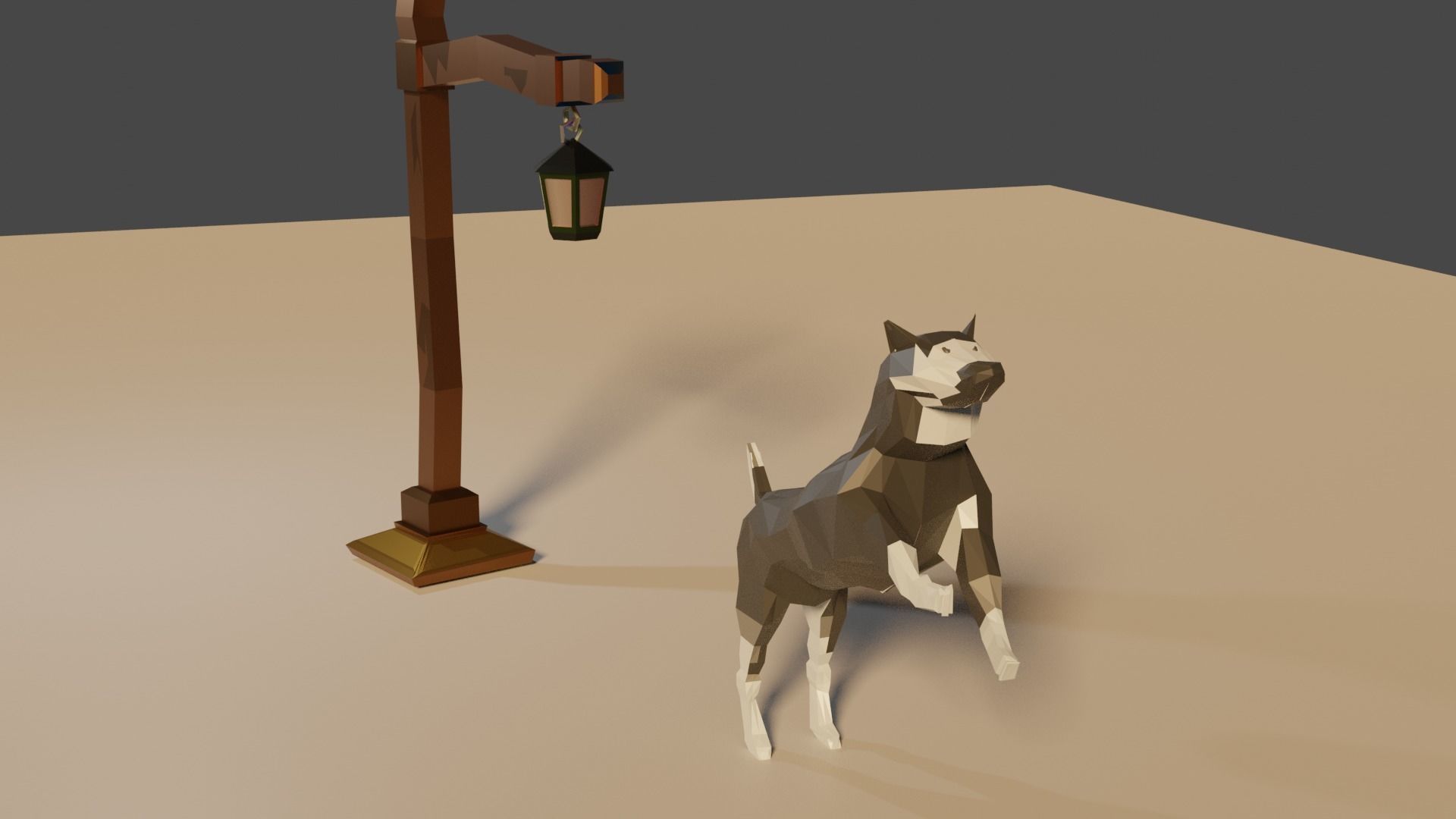 Low Poly 3d Wolf dog on lamp post Low-poly 3D model_1