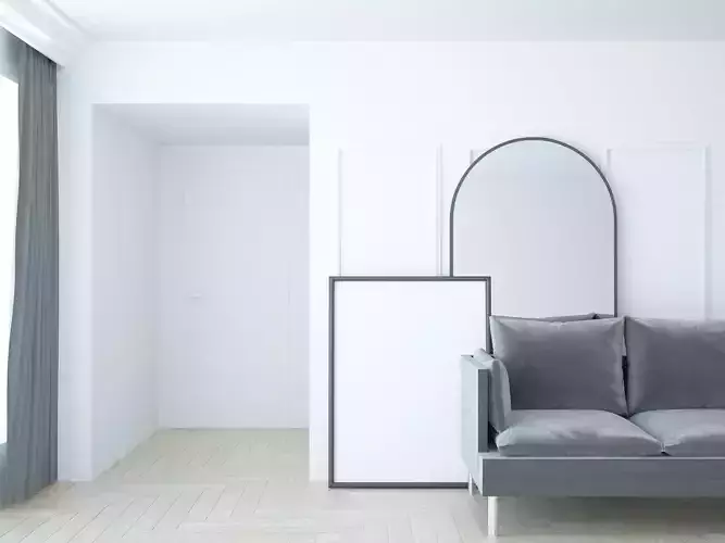 Modern white living room hall with sofa and curtain