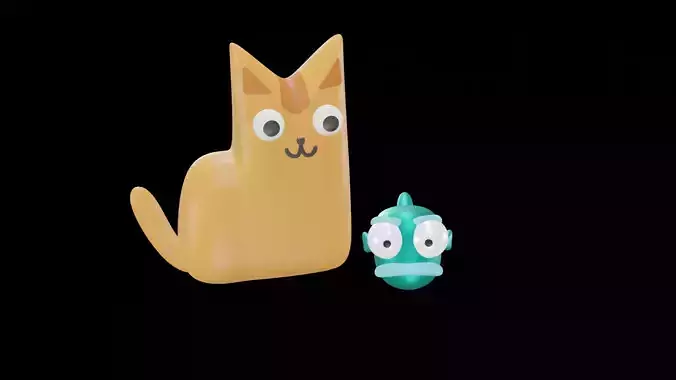 Cat and Fish Cartoon Low-poly 3D model