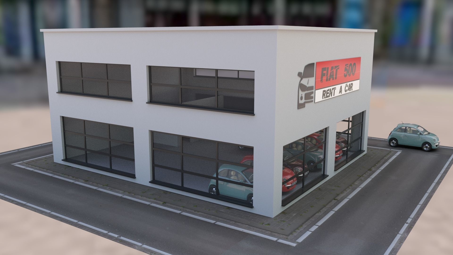 Fiat 500 car rental building Low-poly 3D model_3