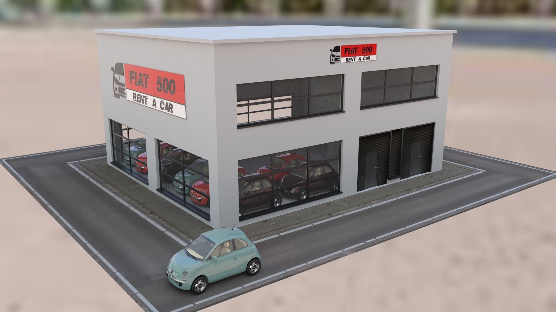 Fiat 500 car rental building Low-poly 3D model_4