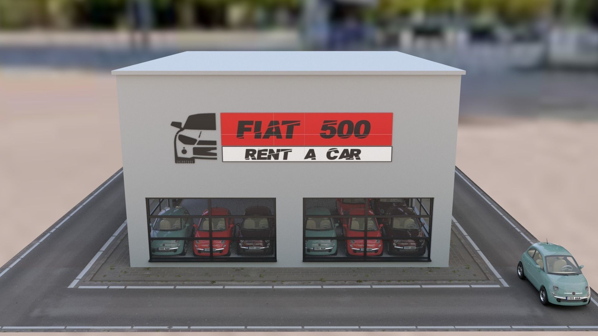 Fiat 500 car rental building Low-poly 3D model_2