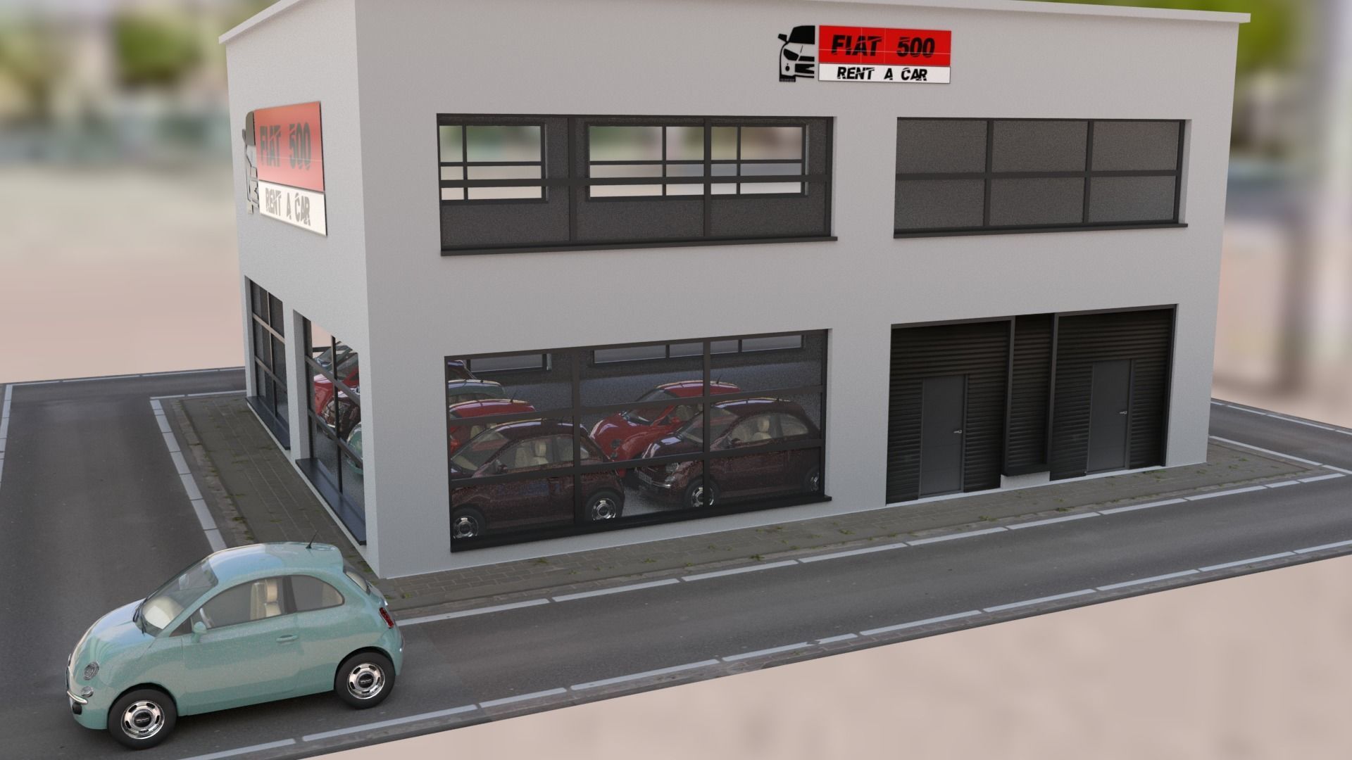 Fiat 500 car rental building Low-poly 3D model_5