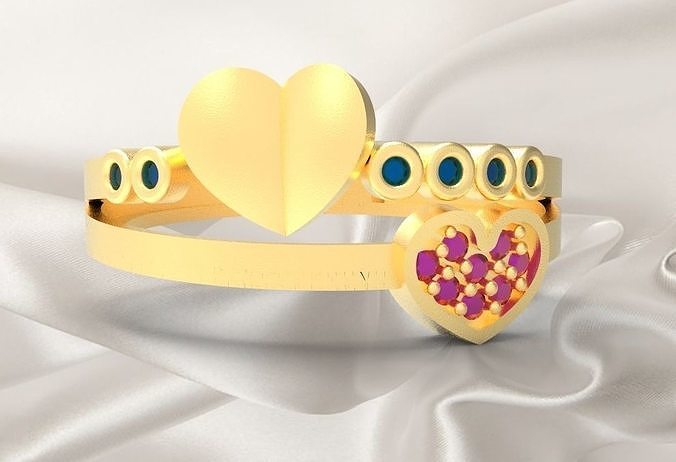 ring18k gold ring with three hearts and two sapphires 3D print model