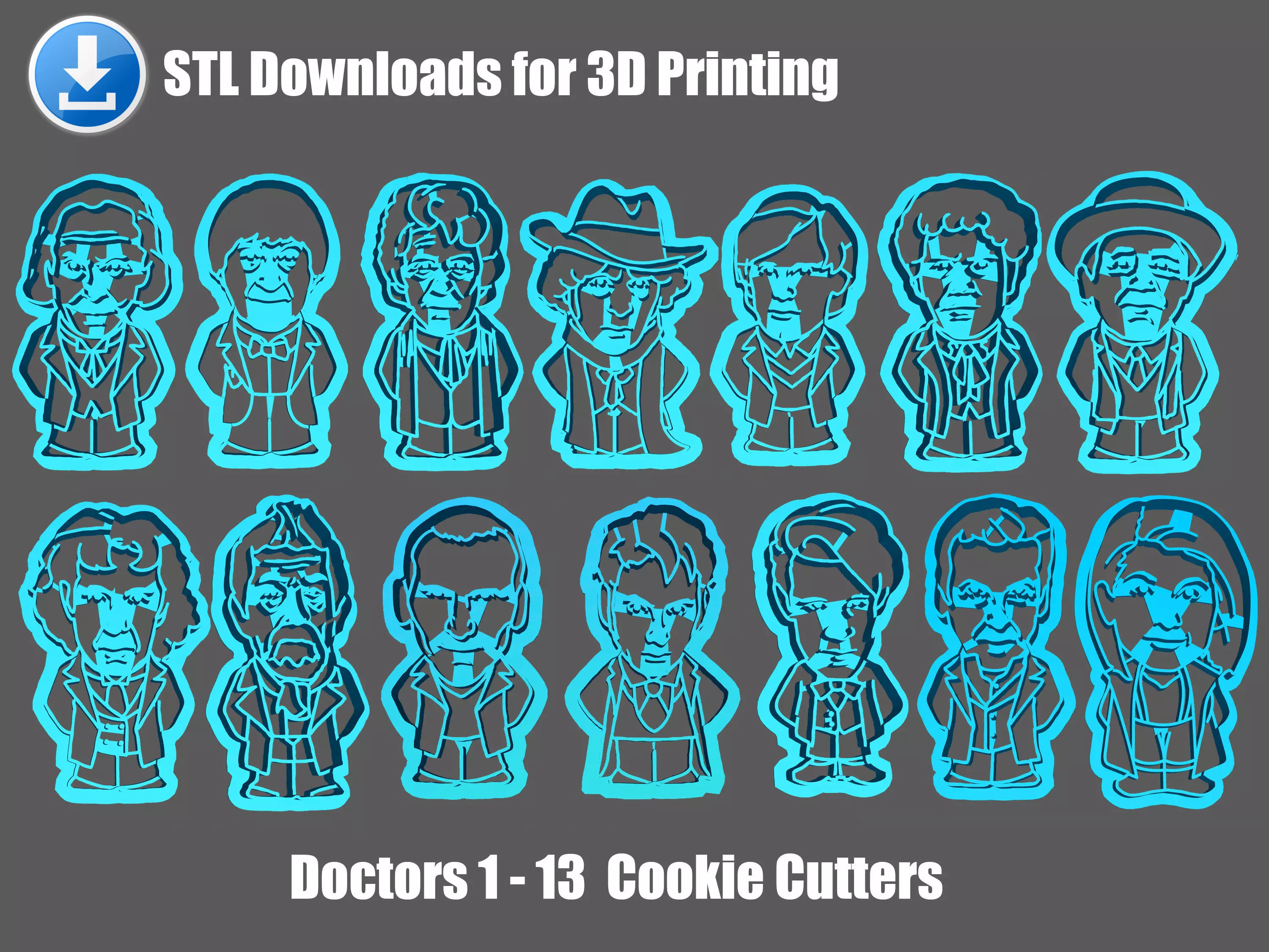 Doctor Who Cookie Cutter Doctors Set 3D print model_0