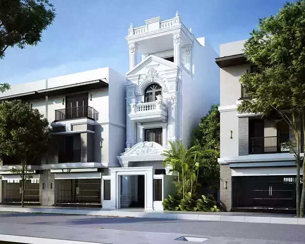 Classic House Exterior 3d Scene V-ray rendering