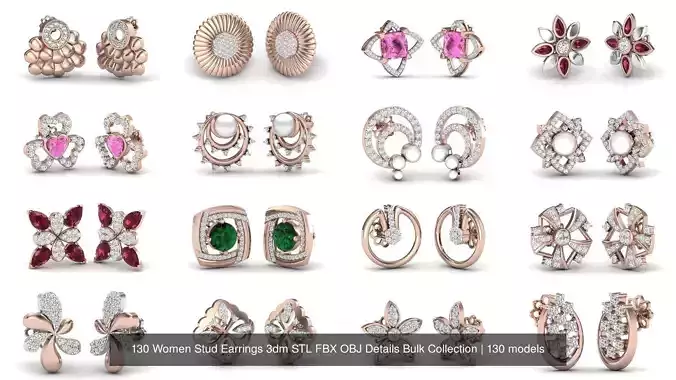 130 Women Stud Earrings 3dm STL FBX OBJ Details Bulk Collection 