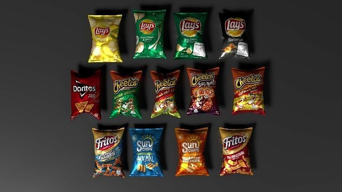 Snack set of paper bags Low-poly 3D model 3