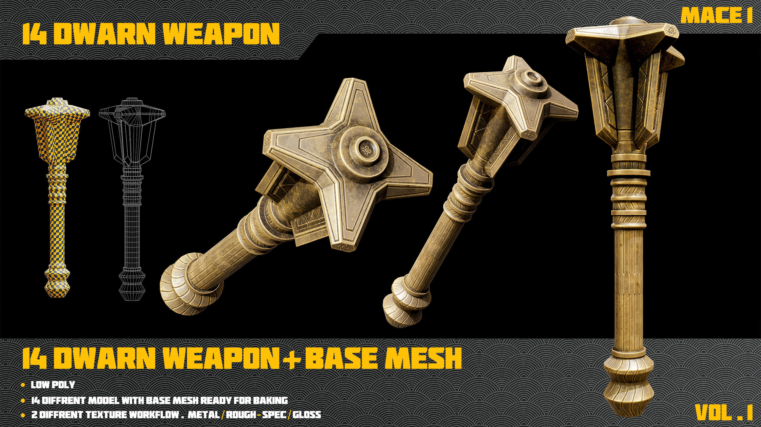 14 Dwarn weapon with Base mesh Low-poly 3D model_25