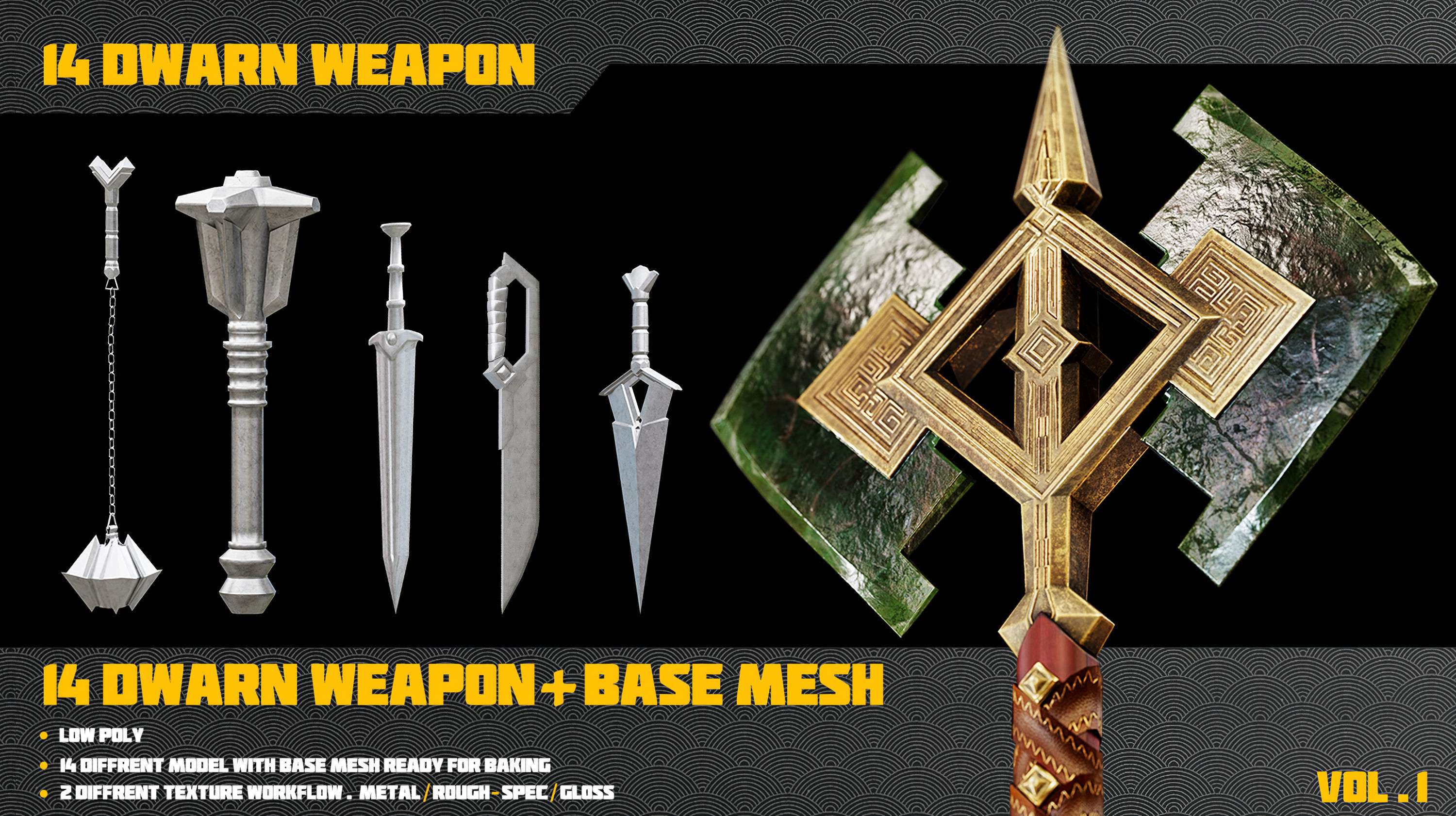 14 Dwarn weapon with Base mesh Low-poly 3D model_15