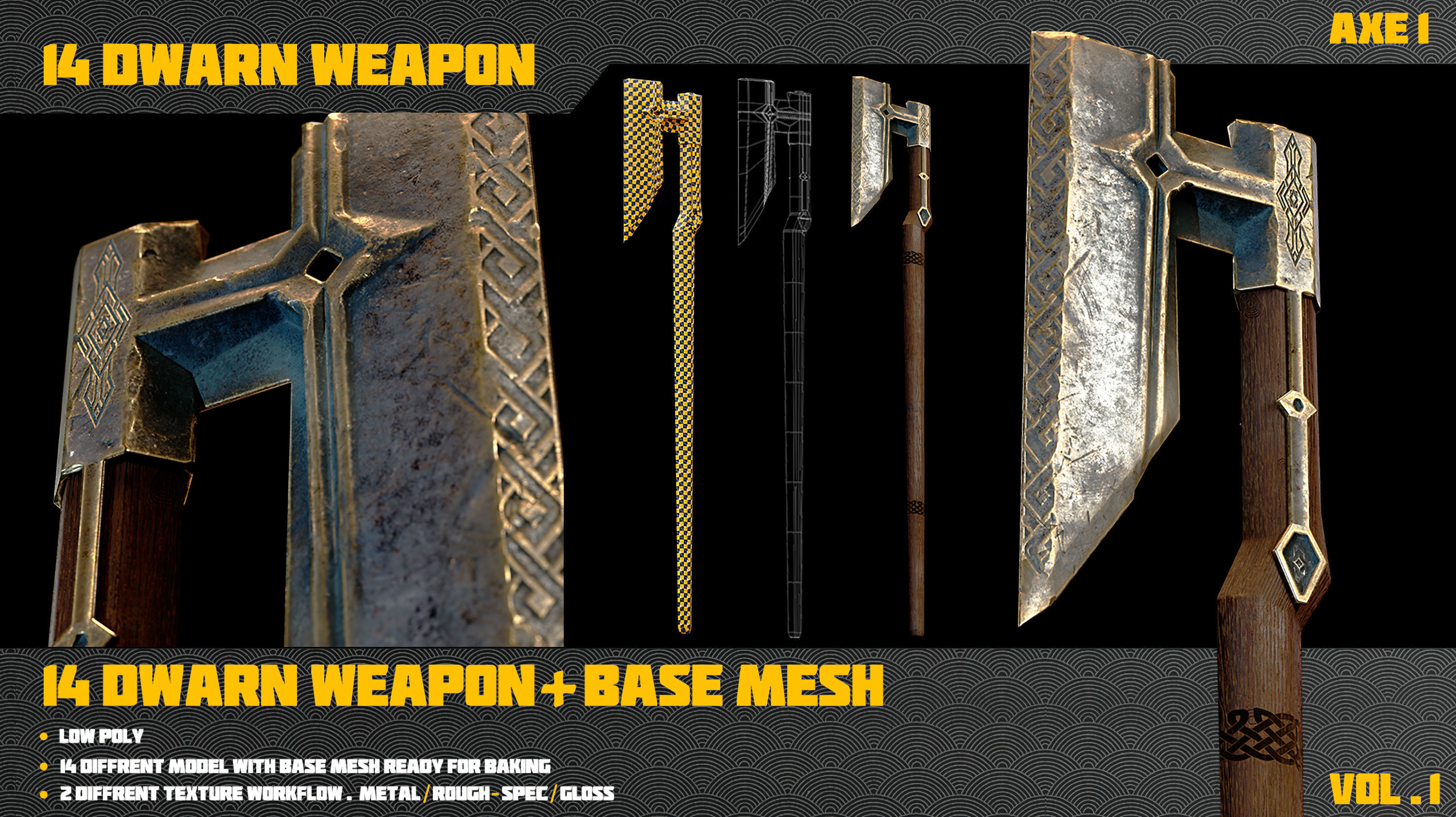 14 Dwarn weapon with Base mesh Low-poly 3D model_16