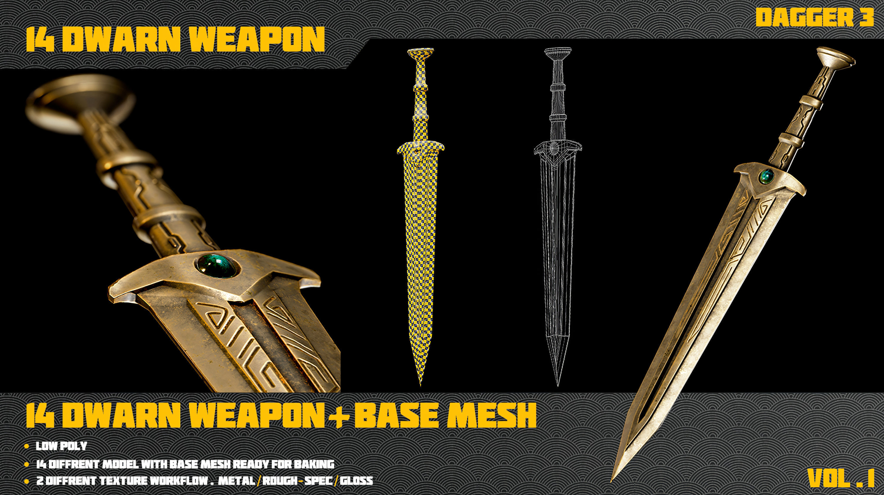 14 Dwarn weapon with Base mesh Low-poly 3D model_21