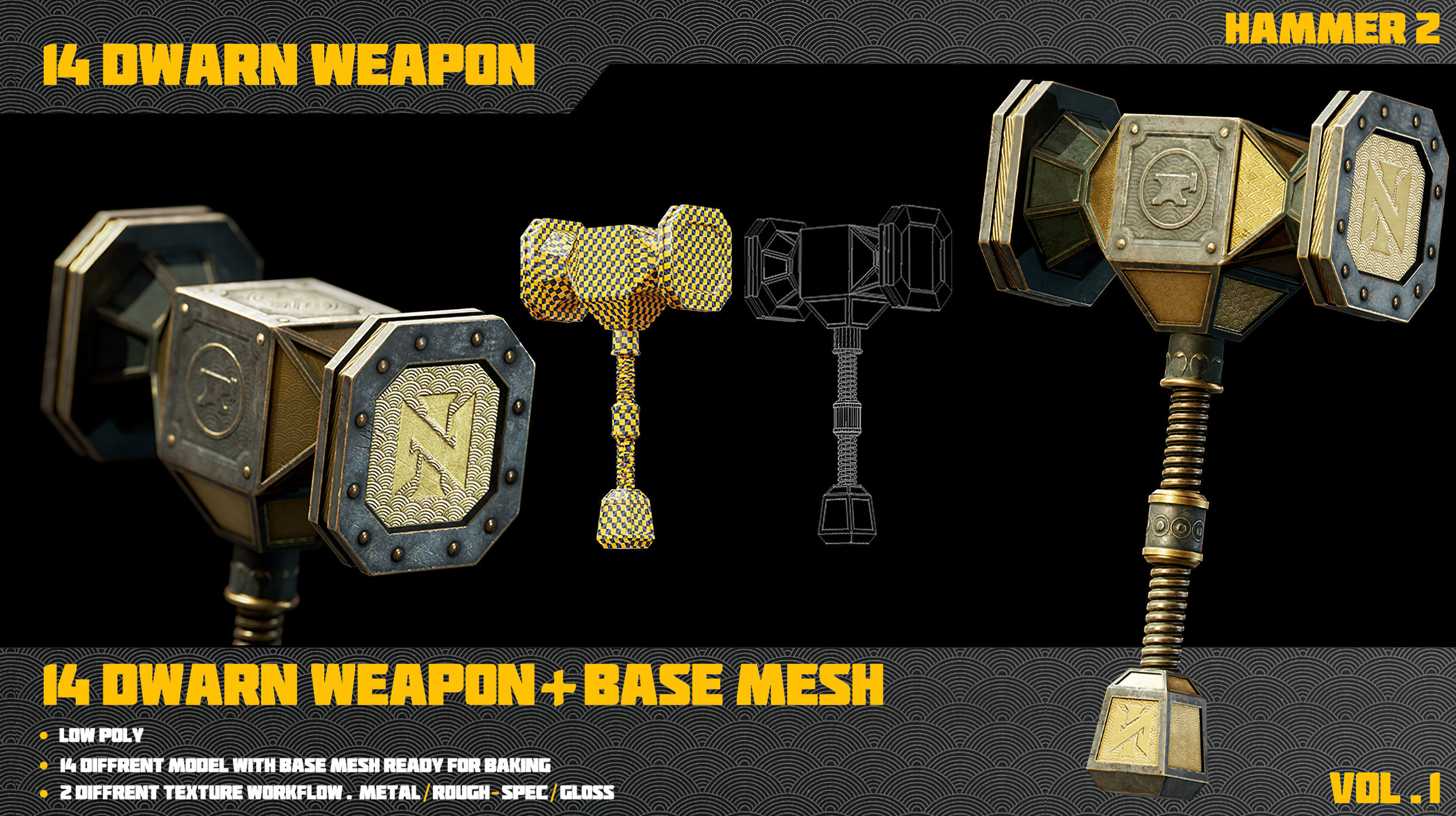 14 Dwarn weapon with Base mesh Low-poly 3D model_23