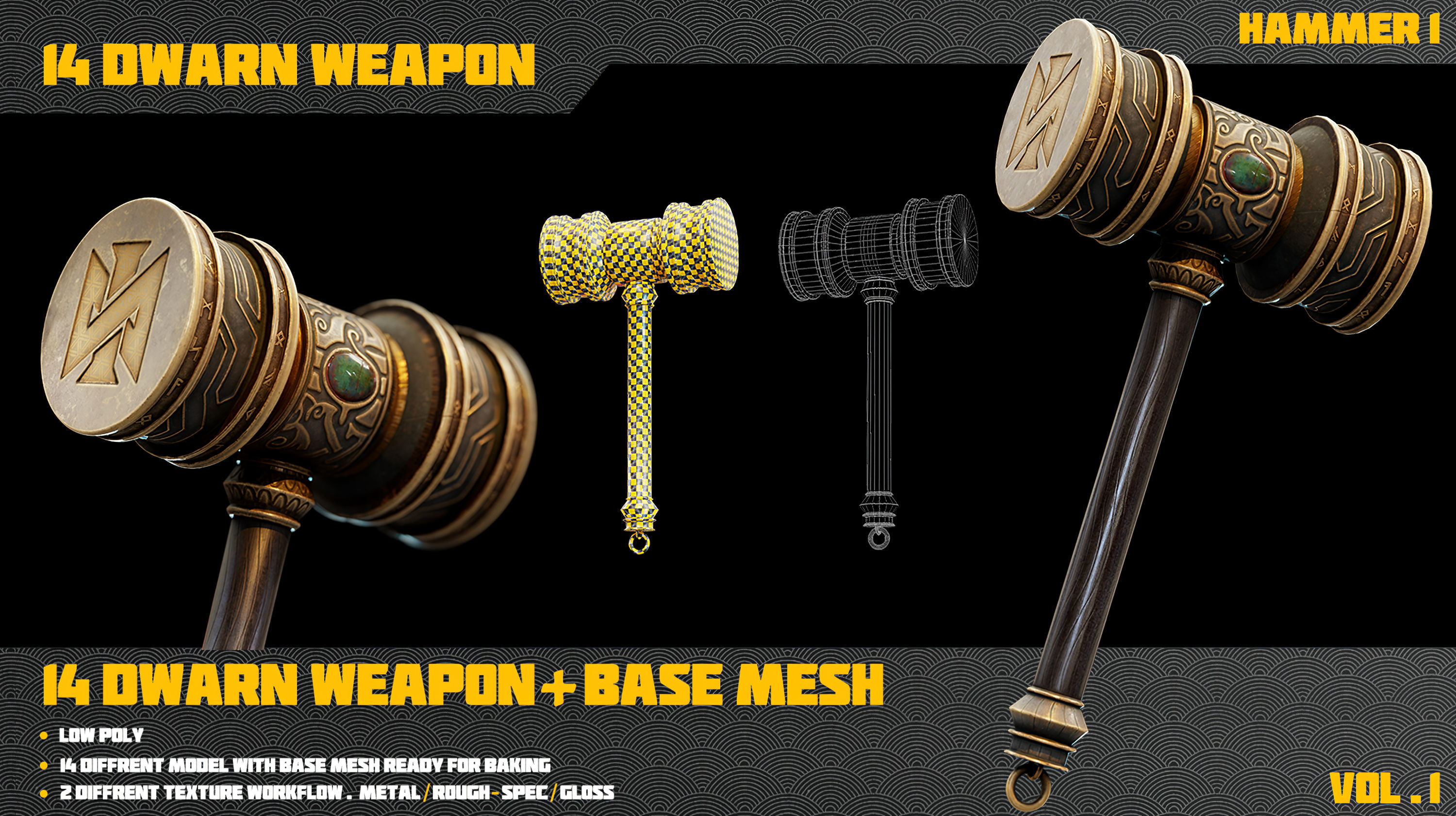 14 Dwarn weapon with Base mesh Low-poly 3D model_22