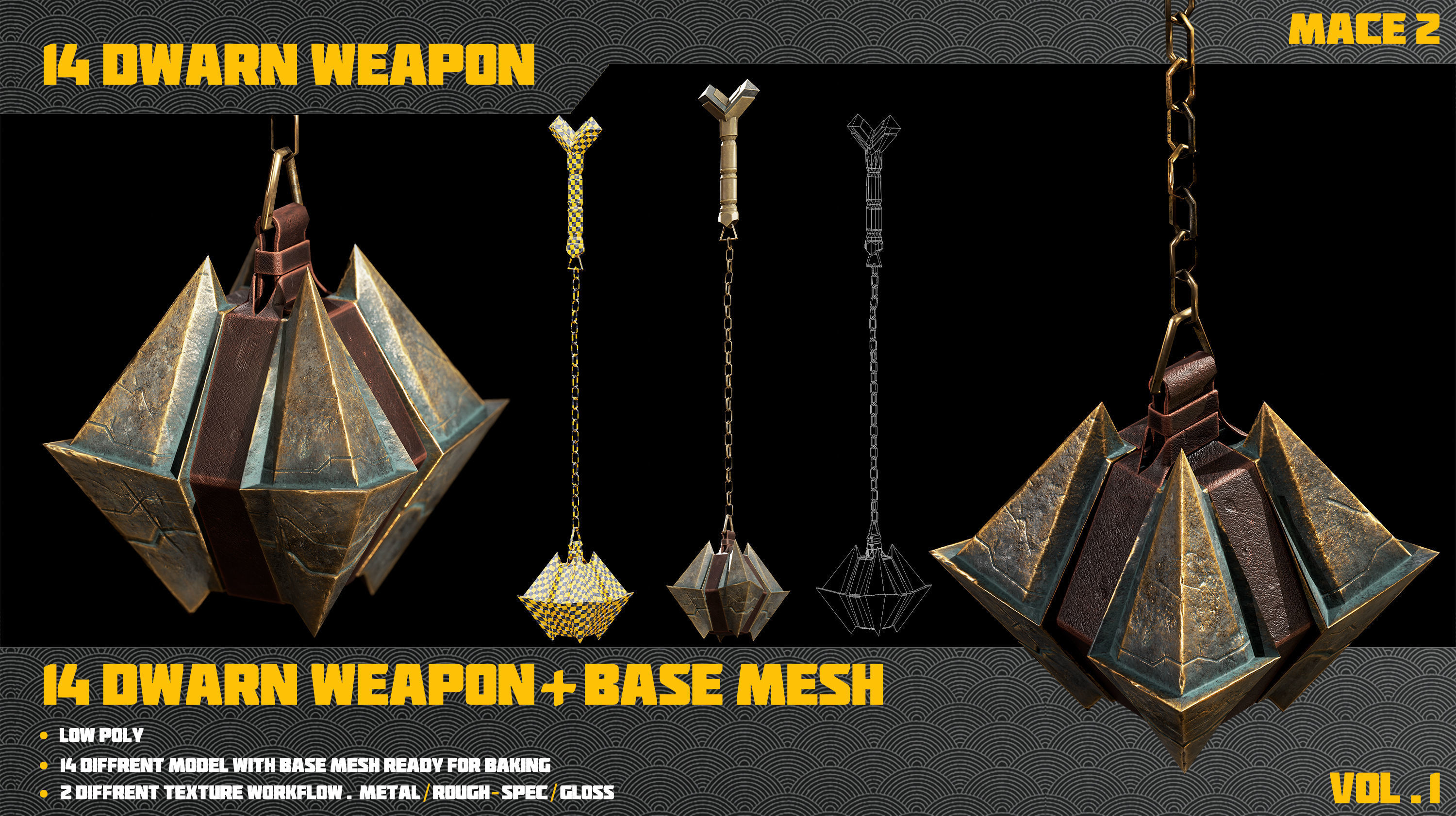 14 Dwarn weapon with Base mesh Low-poly 3D model_26