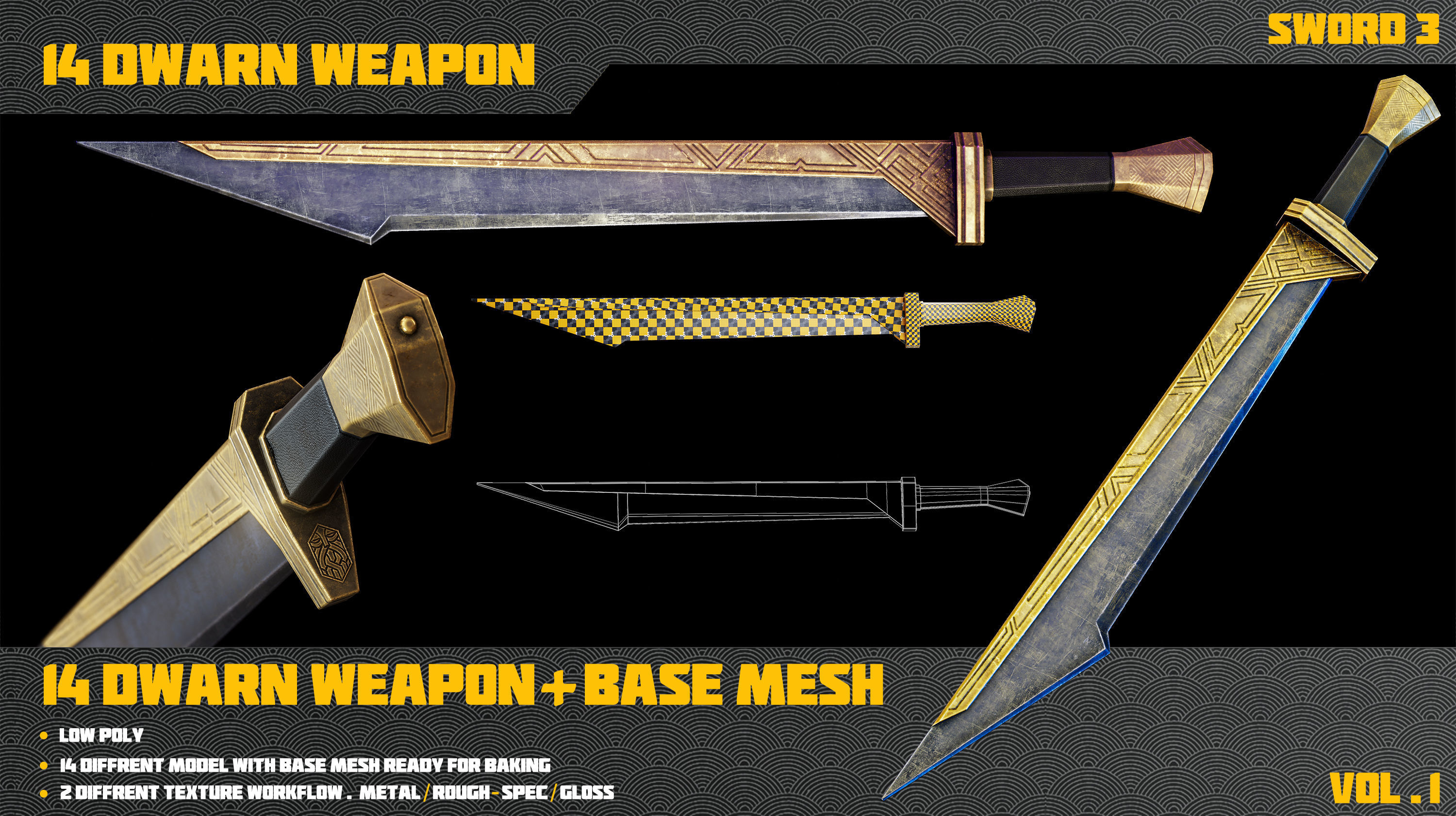14 Dwarn weapon with Base mesh Low-poly 3D model_29