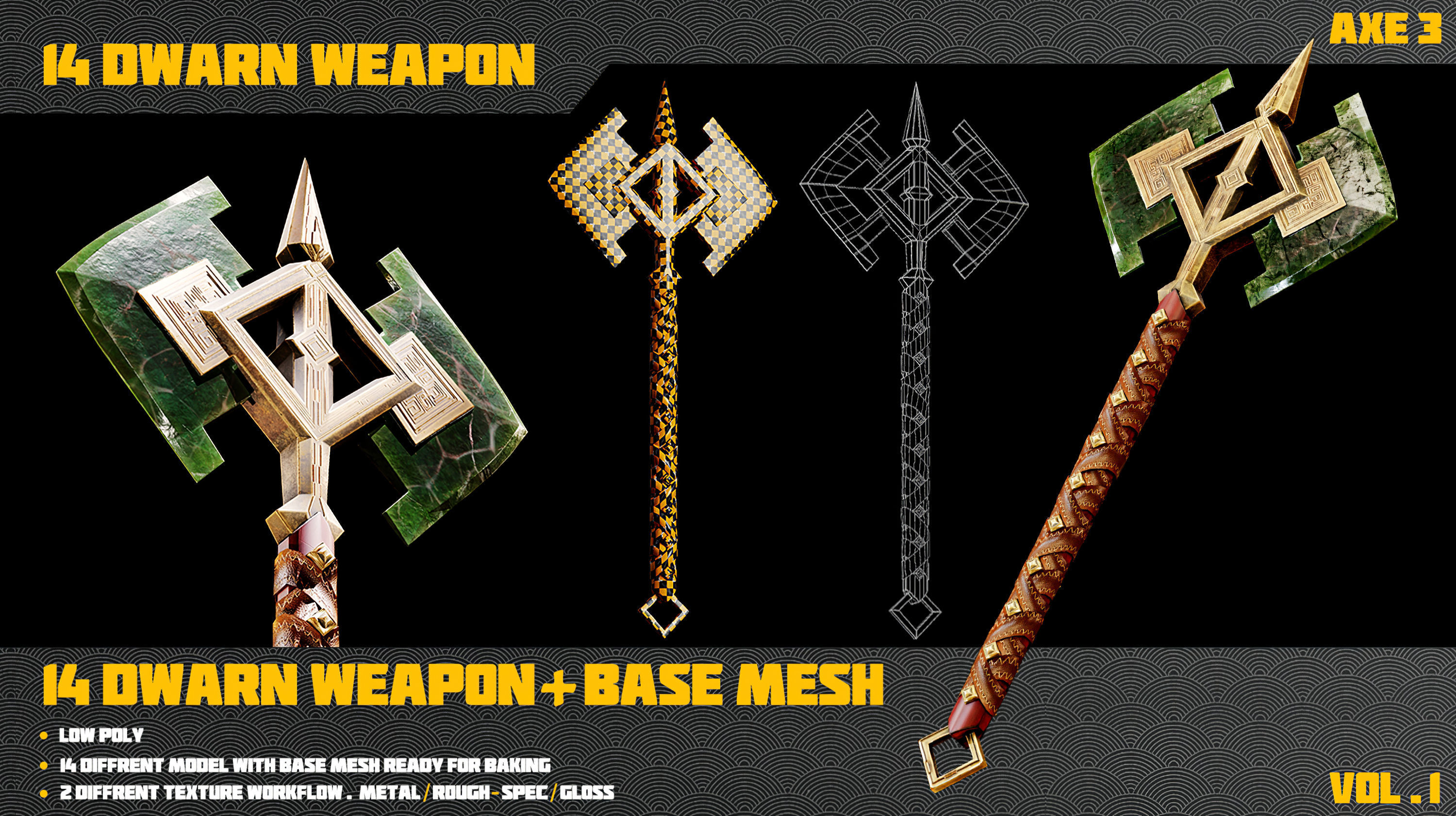 14 Dwarn weapon with Base mesh Low-poly 3D model_18