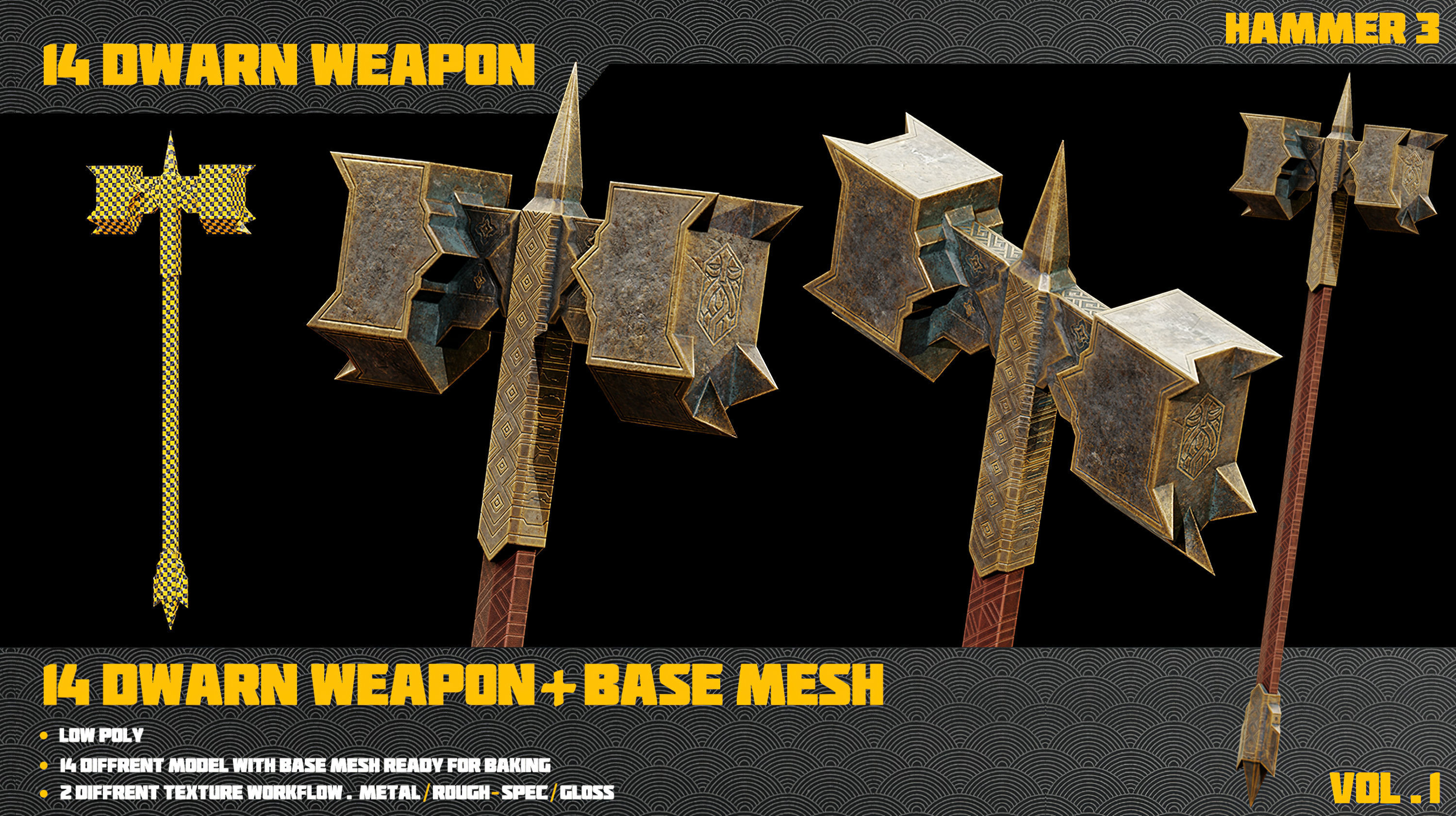 14 Dwarn weapon with Base mesh Low-poly 3D model_24