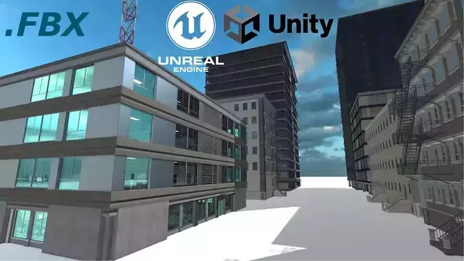 Big Building Pack with interiors Low-poly 3D model