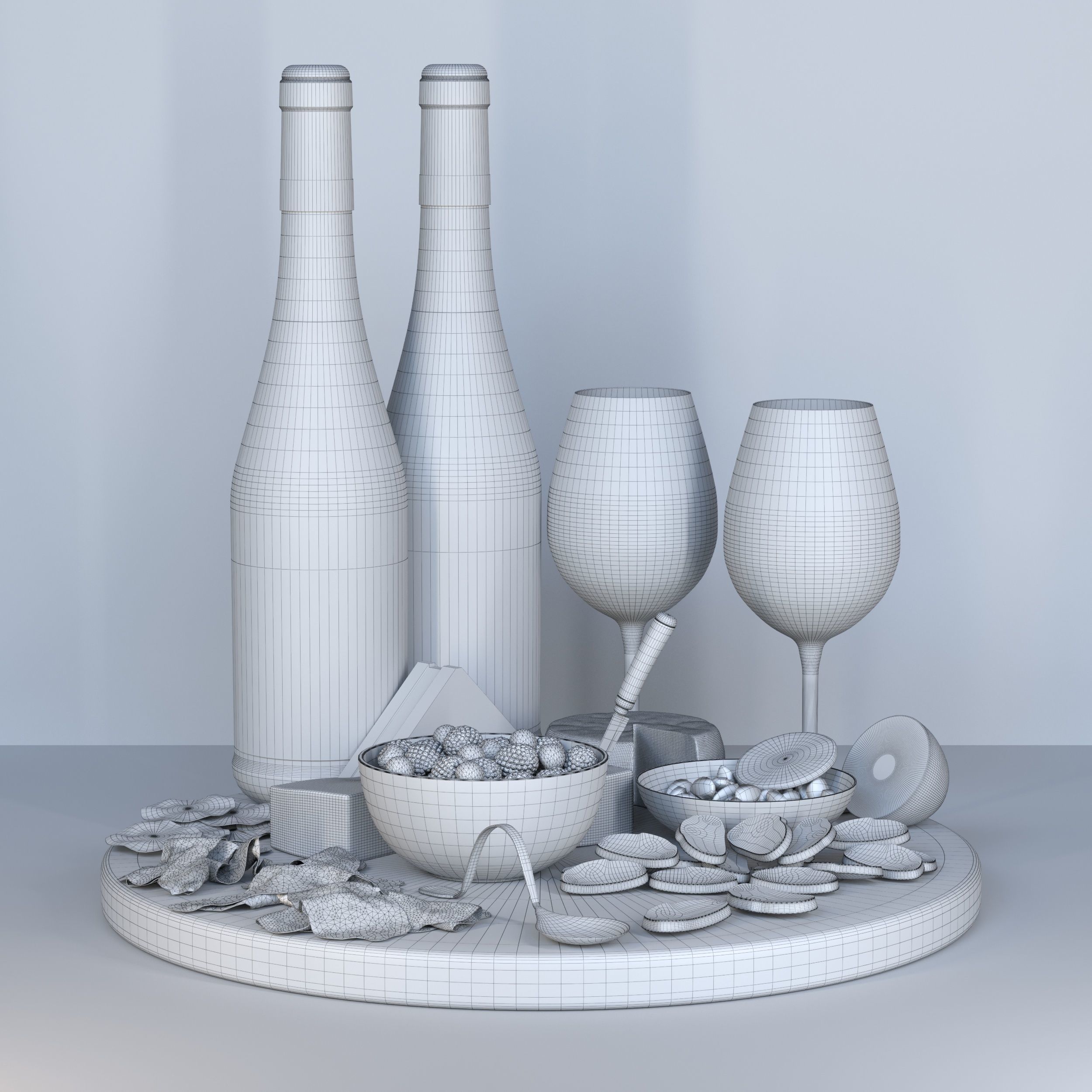 Meat plate with wine and other snacks 3D model_2