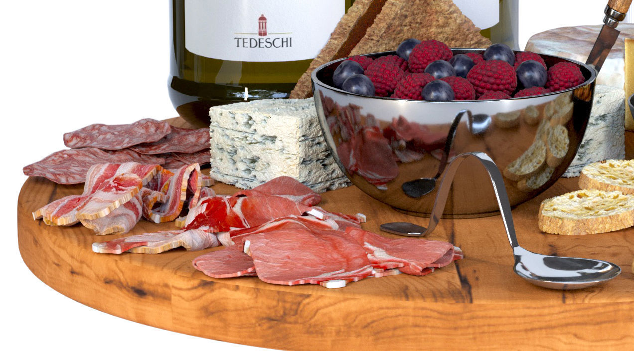 Meat plate with wine and other snacks 3D model_4