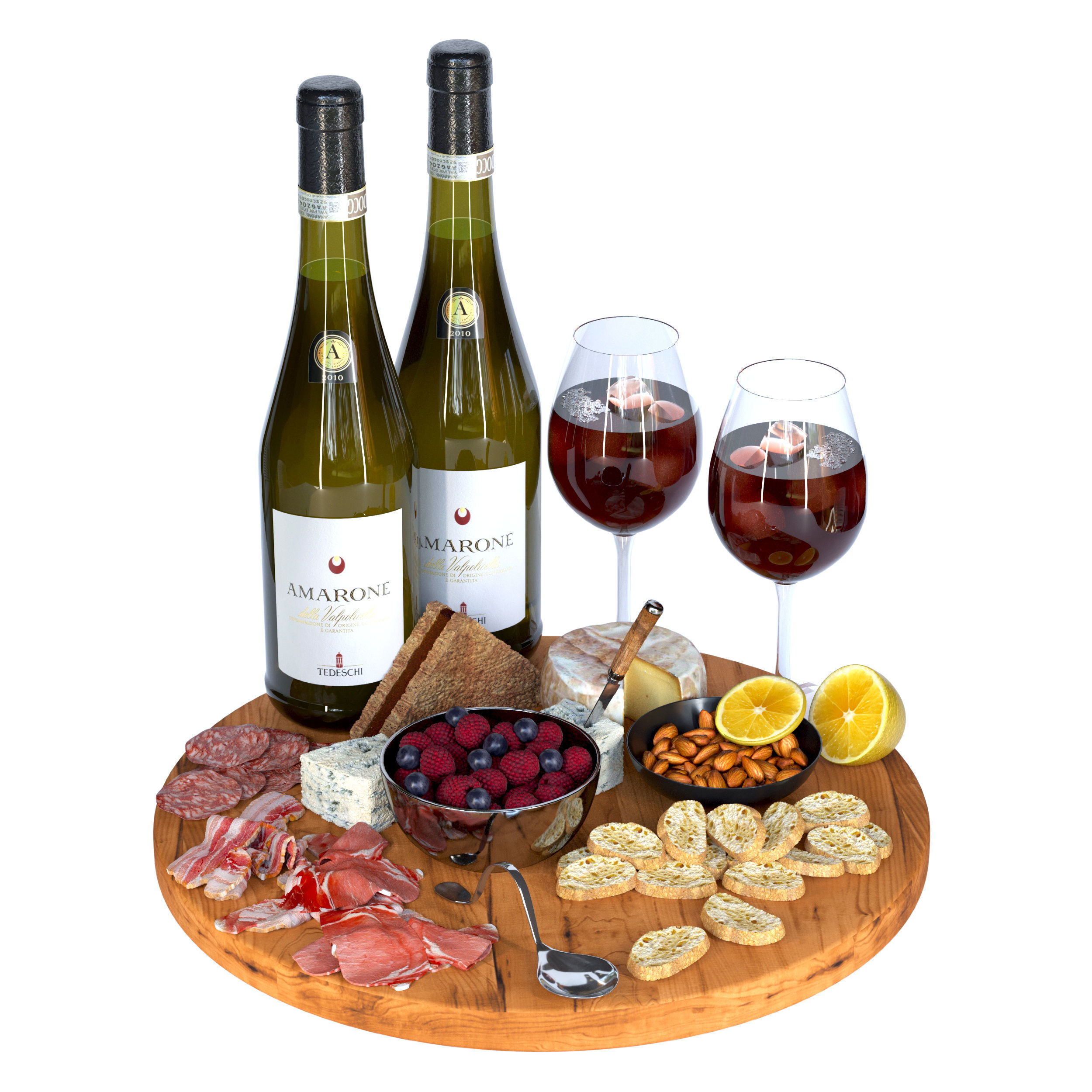 Meat plate with wine and other snacks 3D model_1