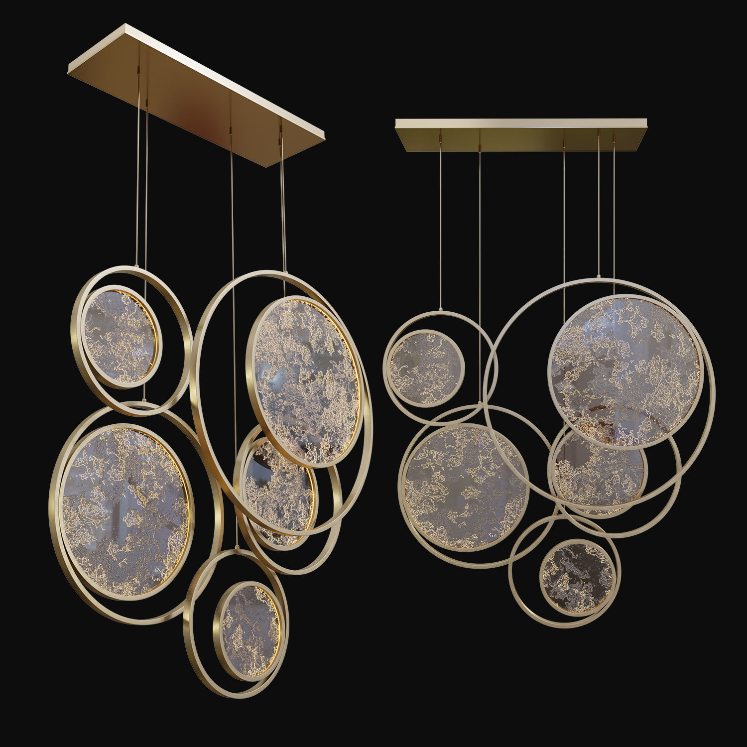 Moon Collection chandelier with gold circles hanging from it 3D model_1