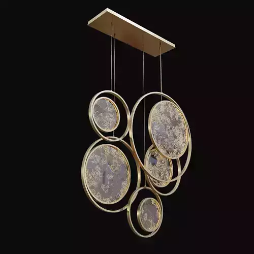 Moon Collection chandelier with gold circles hanging from it