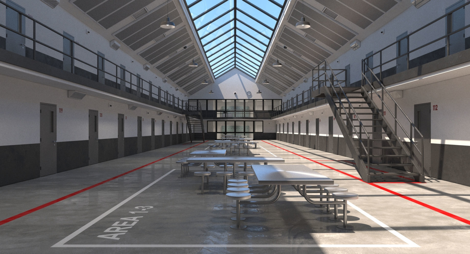 Prison 1 cell with tables and chairs 3D model_2