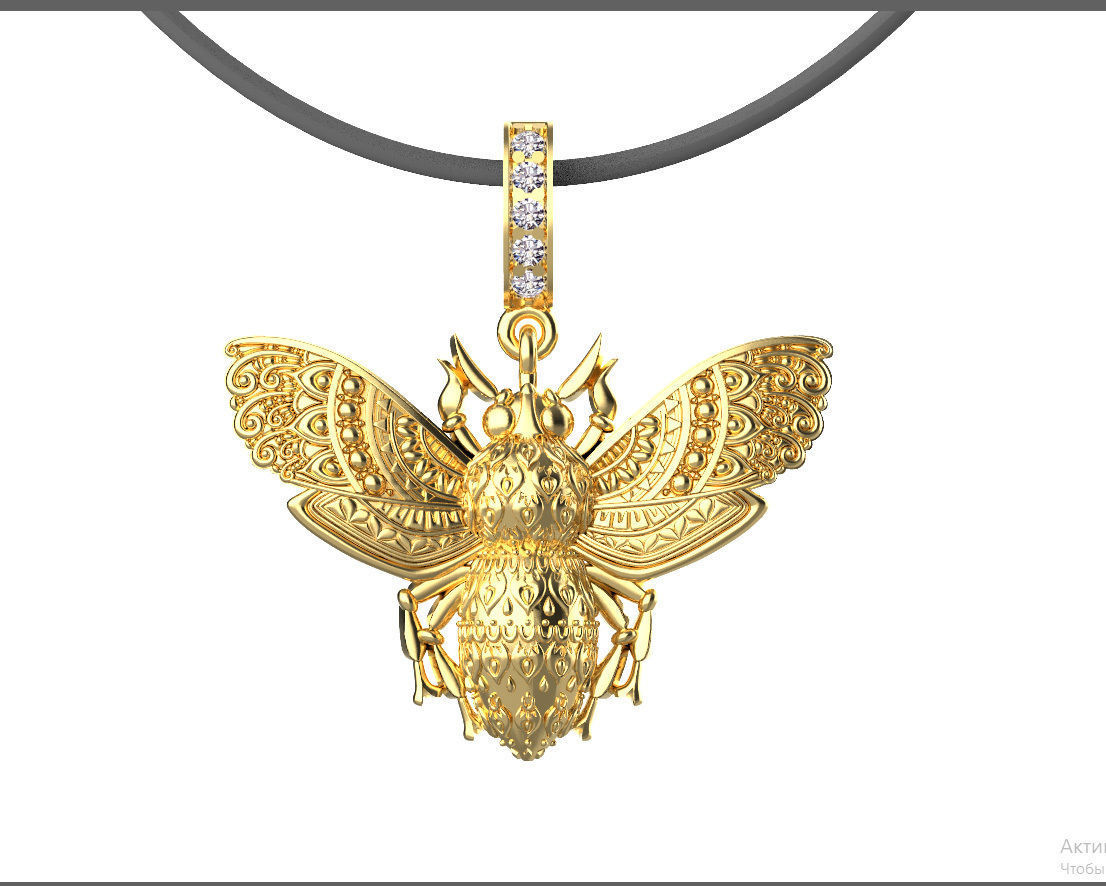 pendant gold bee with diamonds 3D print model_6