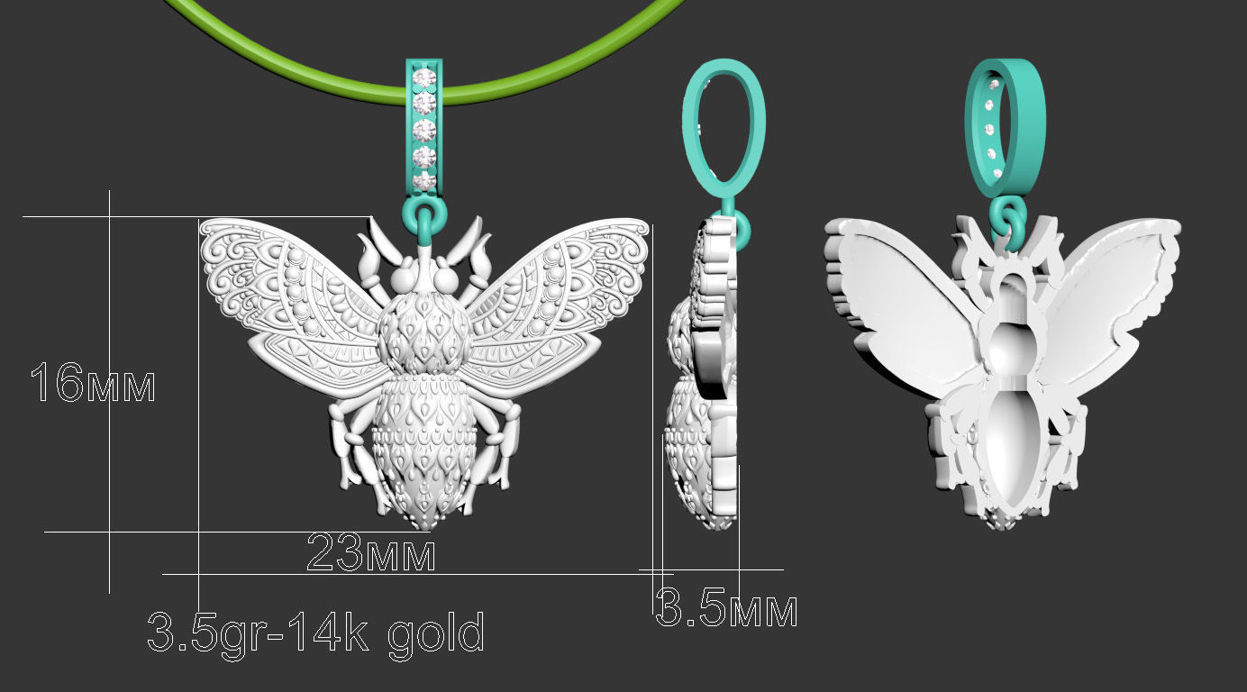 pendant gold bee with diamonds 3D print model_3