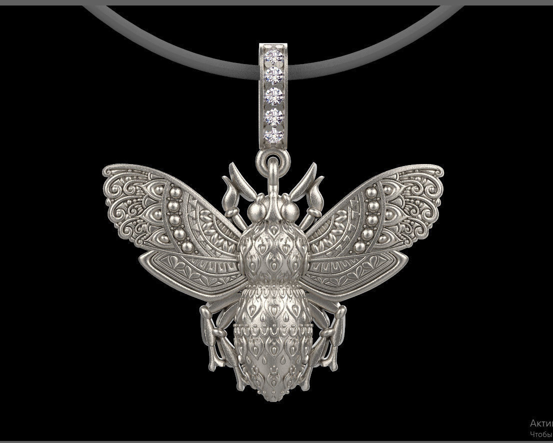 pendant gold bee with diamonds 3D print model_2