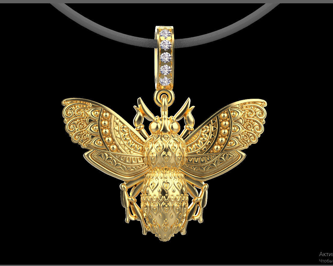 pendant gold bee with diamonds 3D print model_5