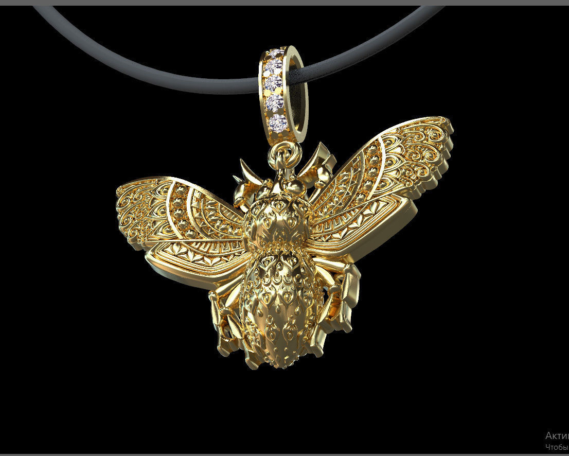 pendant gold bee with diamonds 3D print model_4