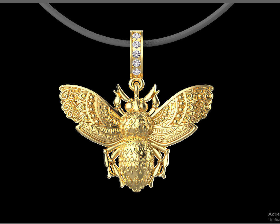 pendant gold bee with diamonds 3D print model_1