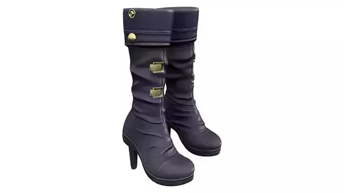 Gold Buckles Decorated Black Leather High Heel Calf Boots