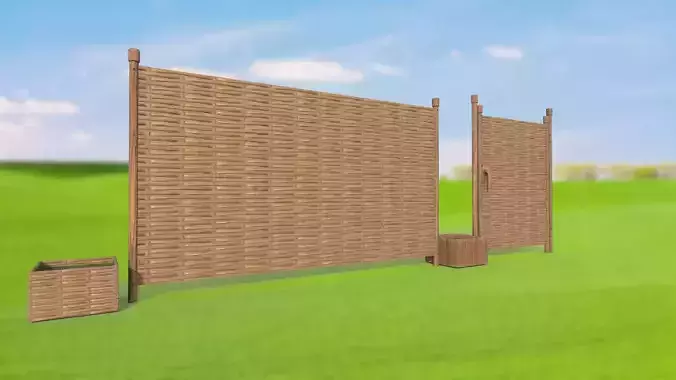 Fence with a gate made of wicker wicker PBR low-poly Low-poly 3D model